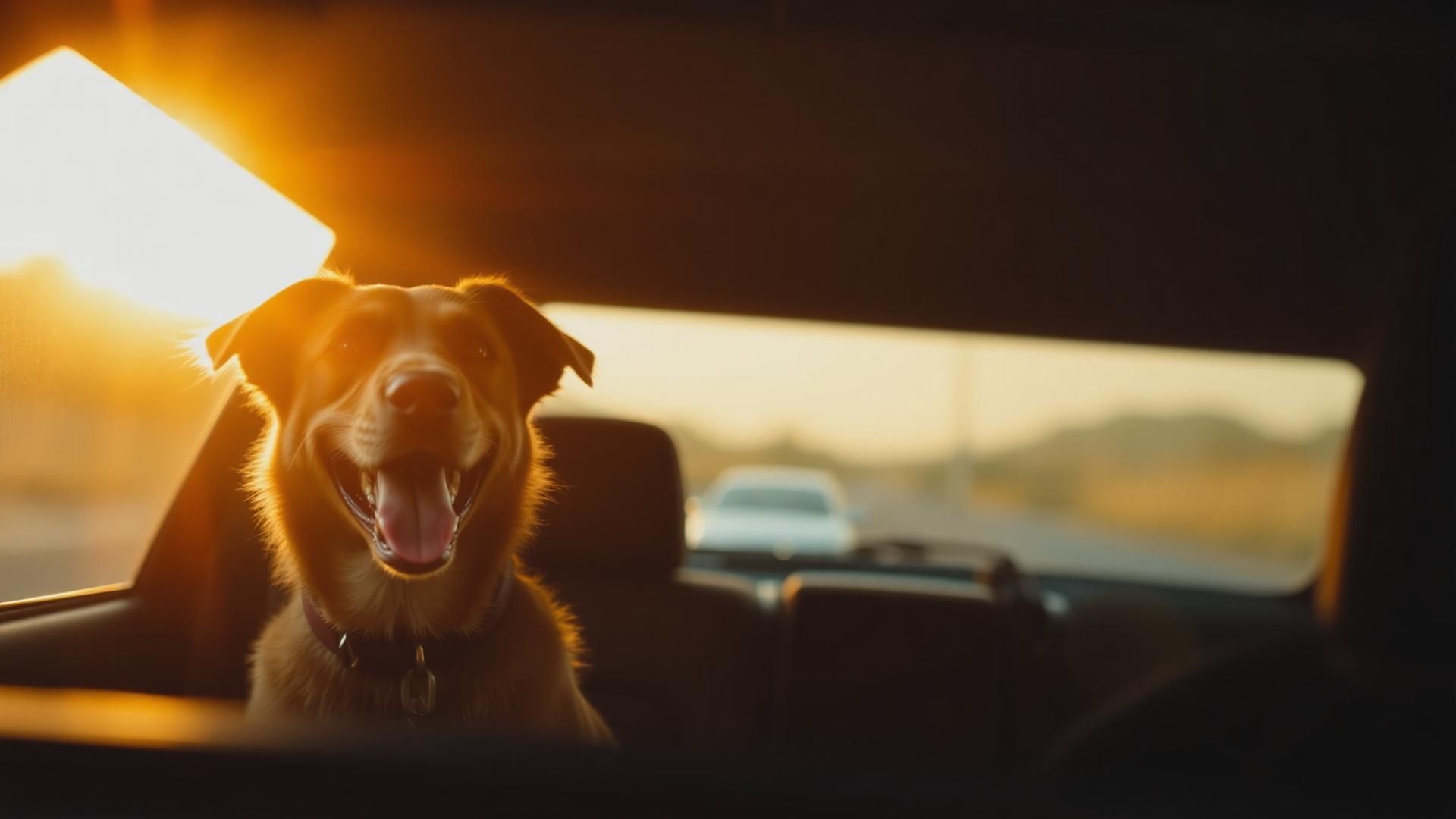 A dog riding in the passenger seat of a car at golden hour.